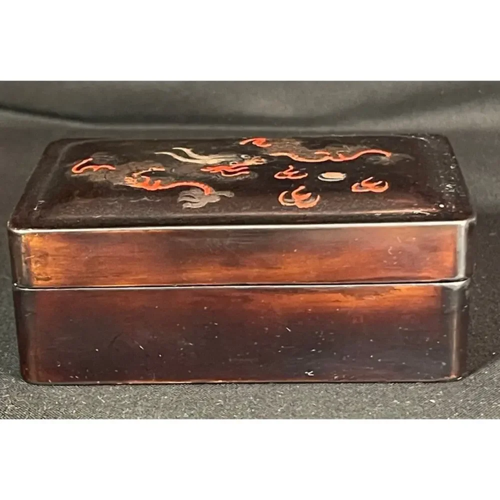 Vintage Japanese Lacquer Dragon Trinket Box | Black & Red Hand Painted Box